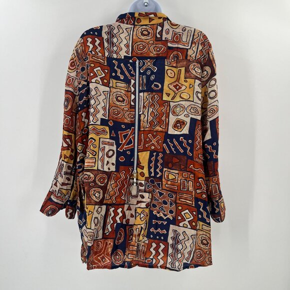 Ali Miles Women's XL Button Down Shirt Rust Navy Mosaic Wearable Art Lagenlook - Picture 2 of 10